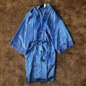 Frederick's of Hollywood Royal Blue Satin Lace-Trim Robe
